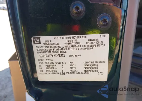 2003 Chevrolet Tahoe Ls z USA, uszkodzony, nr VIN 1GNEC13ZX3J208793